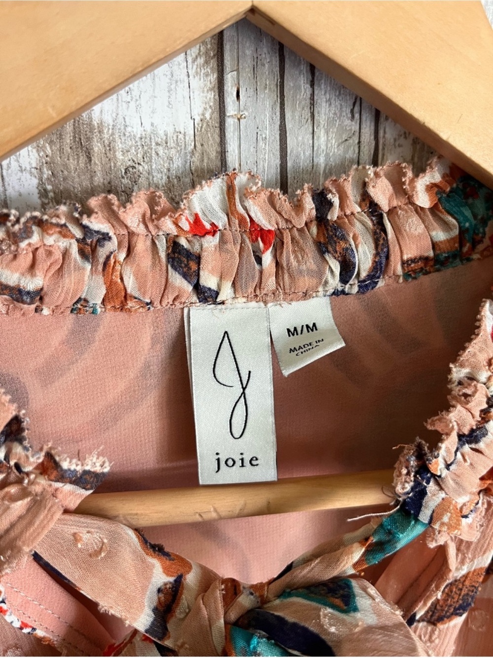 Joie Floral Ruffle Neck Tie Blouse Medium Peach Boho Swiss Dot Top - Picture 5 of 5